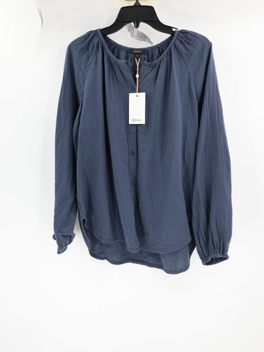 NWT Quince Top Womens Medium Organic Cotton Gauze Peasant Blouse Indigo Blue